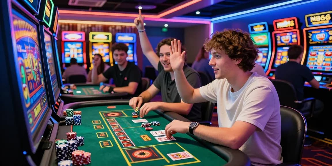 Engaged players enjoying live dealer games at MB66's modern online casino with vibrant neon lighting and dynamic atmosphere.