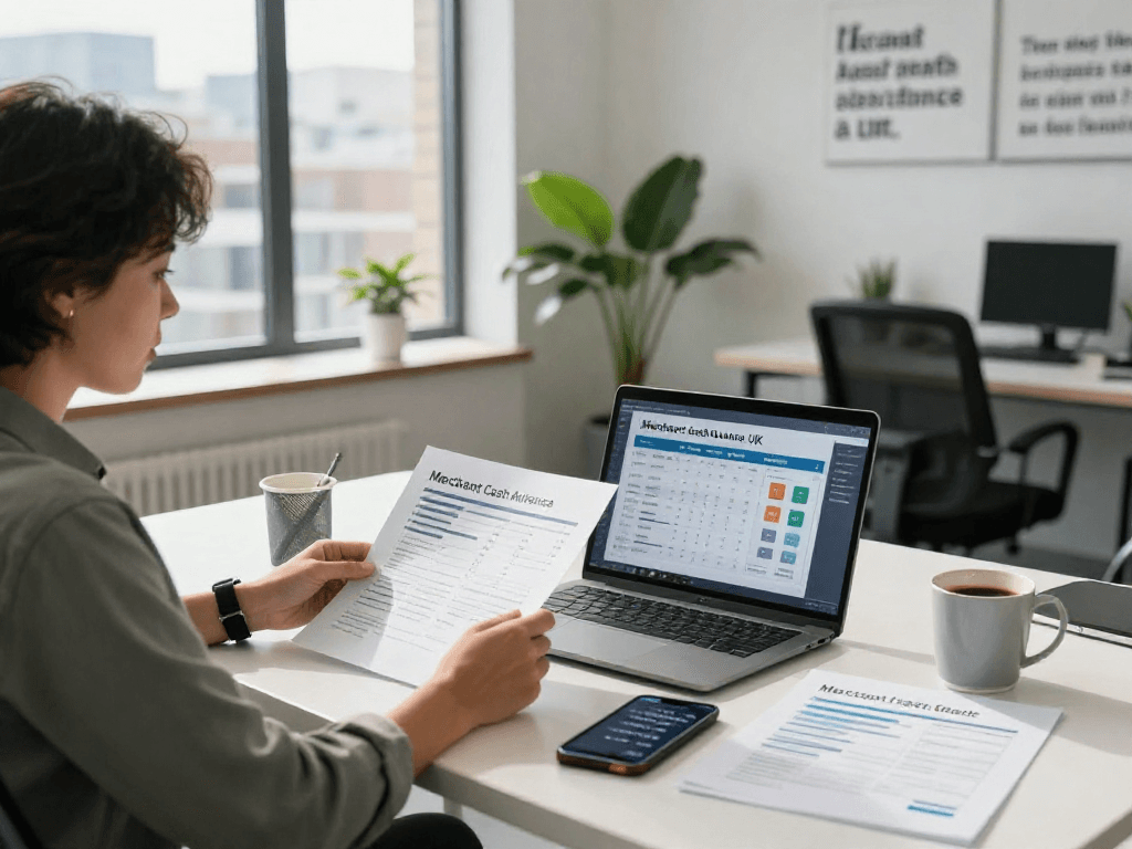 Business owner exploring the cheapest merchant cash advance in uk while reviewing financial documents in a modern office.
