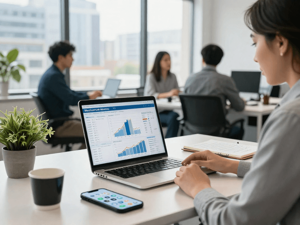 Consultant discussing merchant cash advance companies in modern financial workspace with charts and collaborative environment.